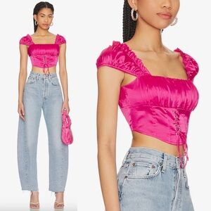 Revolve MORE TO COME Juliana Corset Puff Sleeve Crop Top in Hot Pink Satin Large